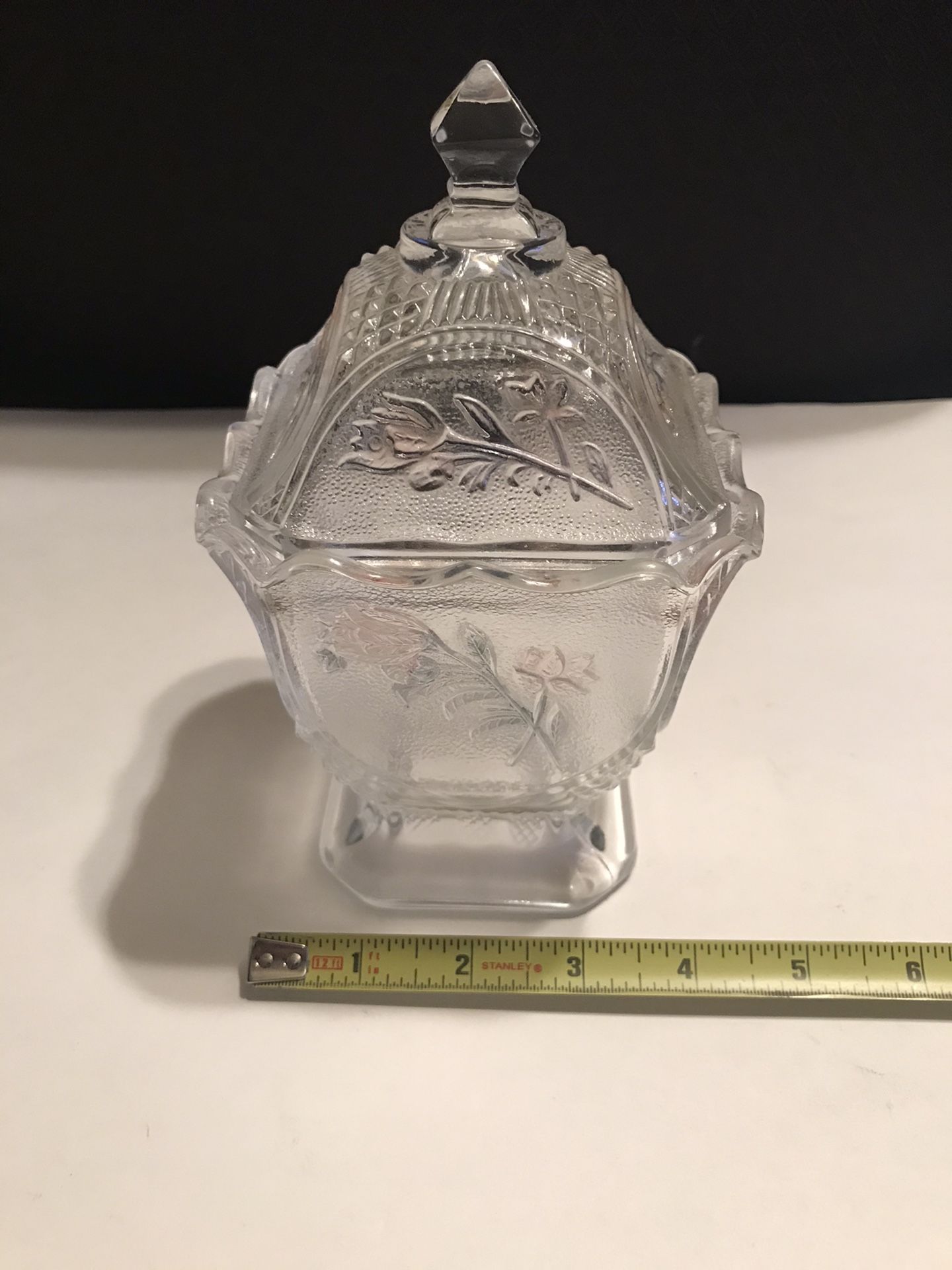 Vintage 7 1/2” Imperial Glass Square Footing Pink Rose Pattern with Lid