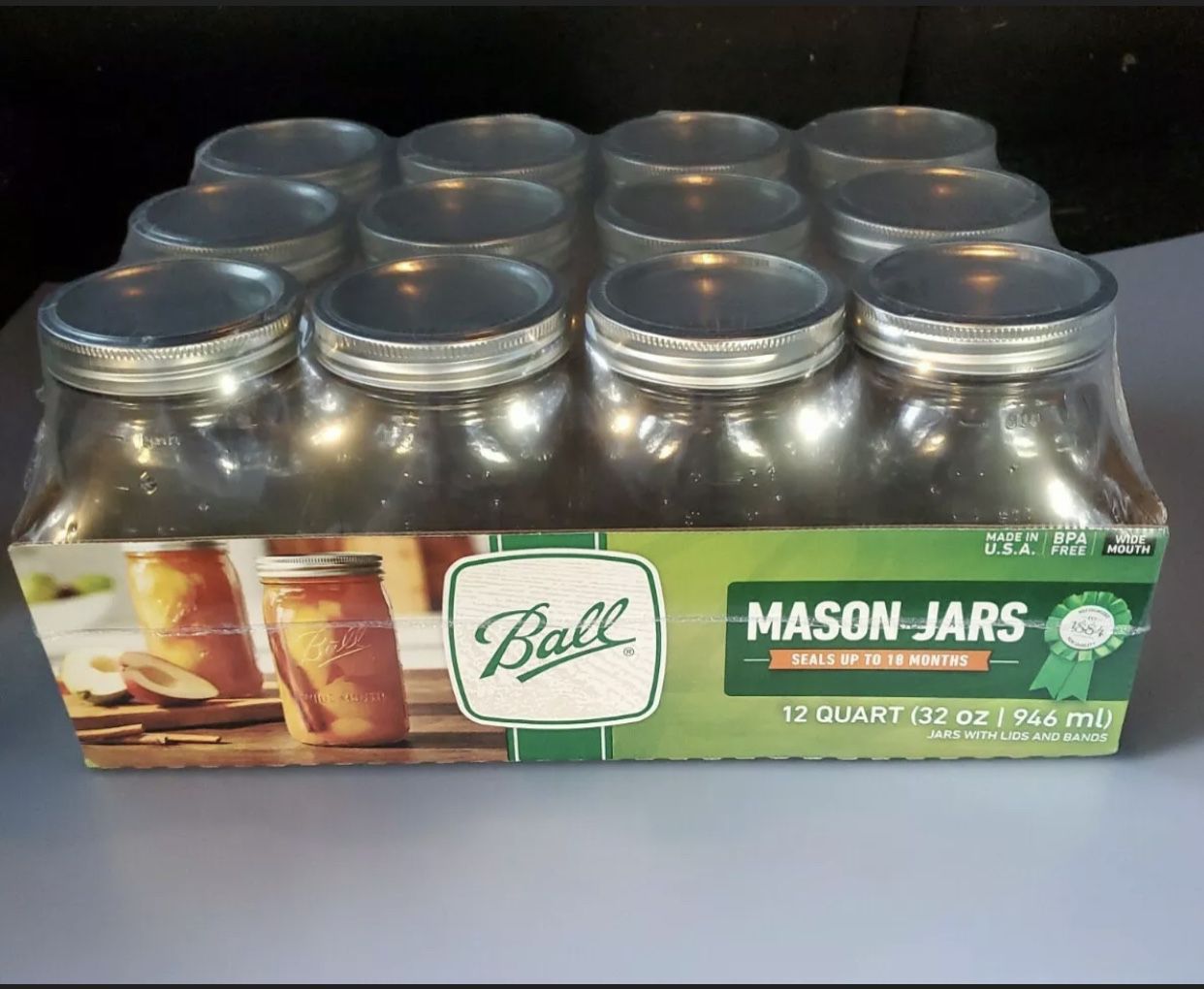BALL 32oz Wide Mouth Quart Canning Mason Jars, Lids Bands Clear Glass 12 Pack. Condition is "New and sealed.
