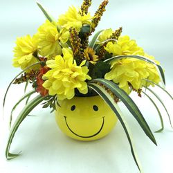 Ceramic Happy Face Vase With Faux Flower Arrangement  Thumbnail