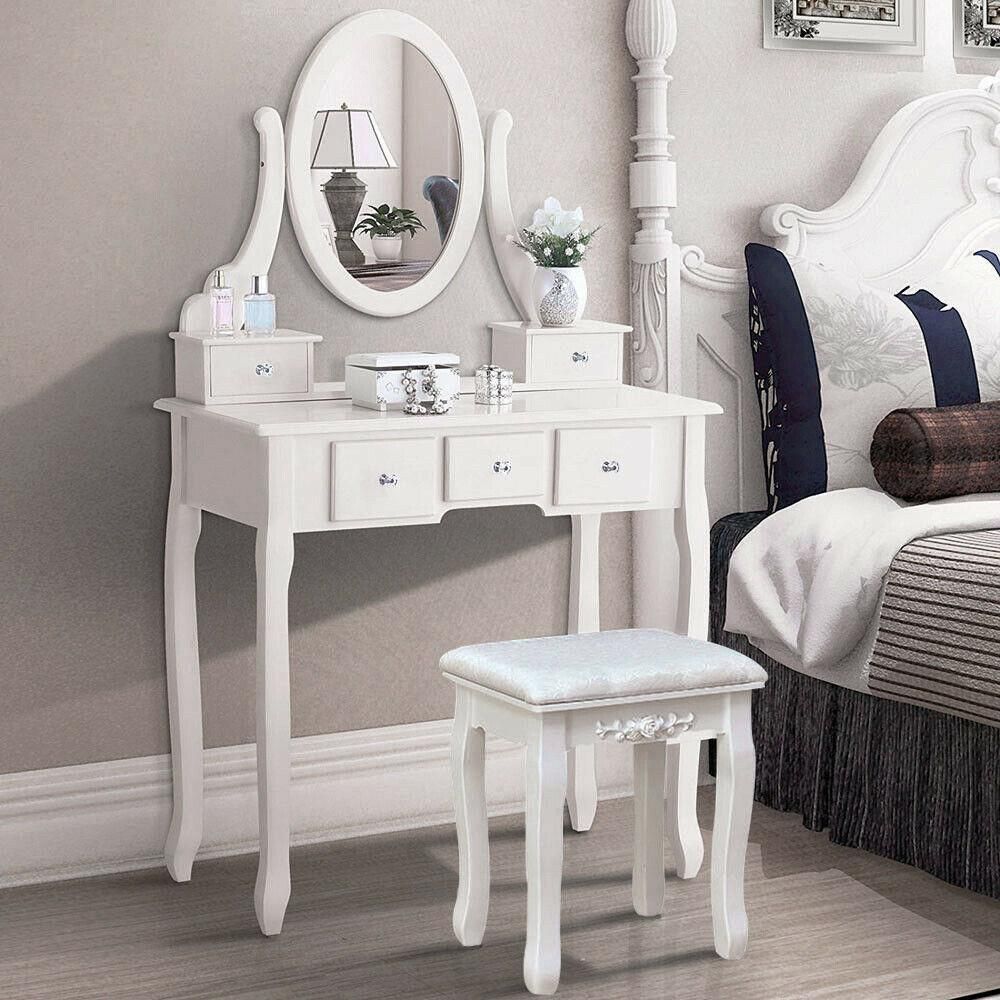 White 5 Drawer Wood Vanity Makeup Dressing Table Set w/Stool, Jewelry Drawer, Mirror Desk
