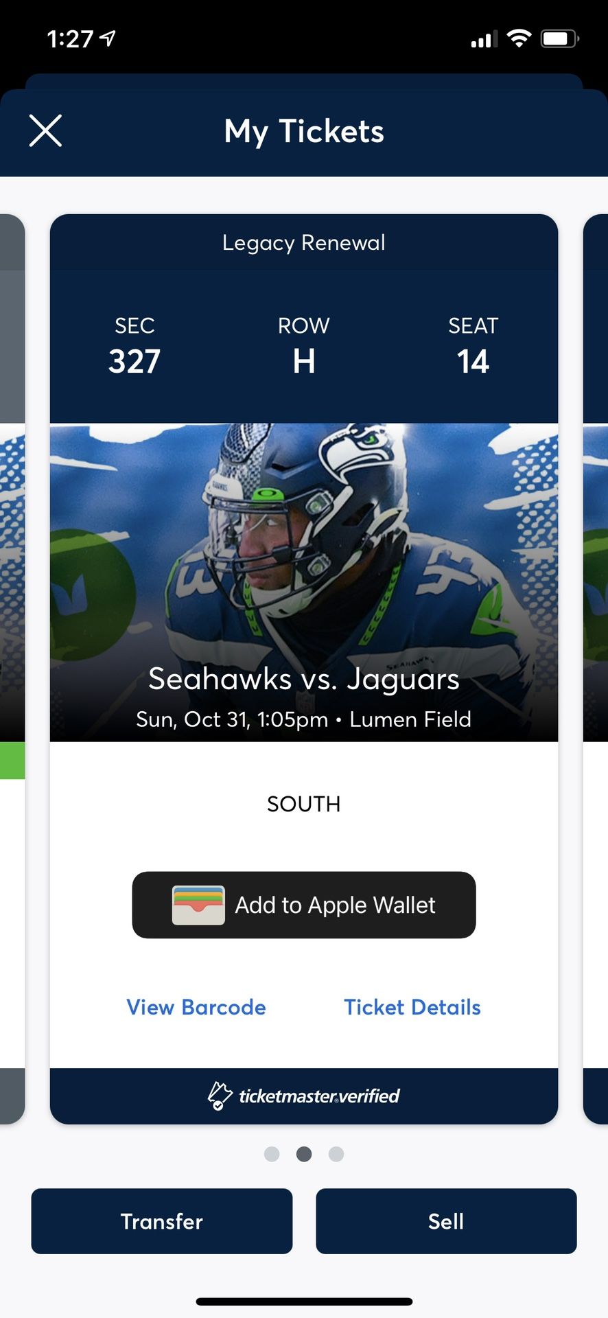 Pair Of Seahawks Vs. Jaguars, Oct 31. Section 327, Right Over Hawks Tunnel