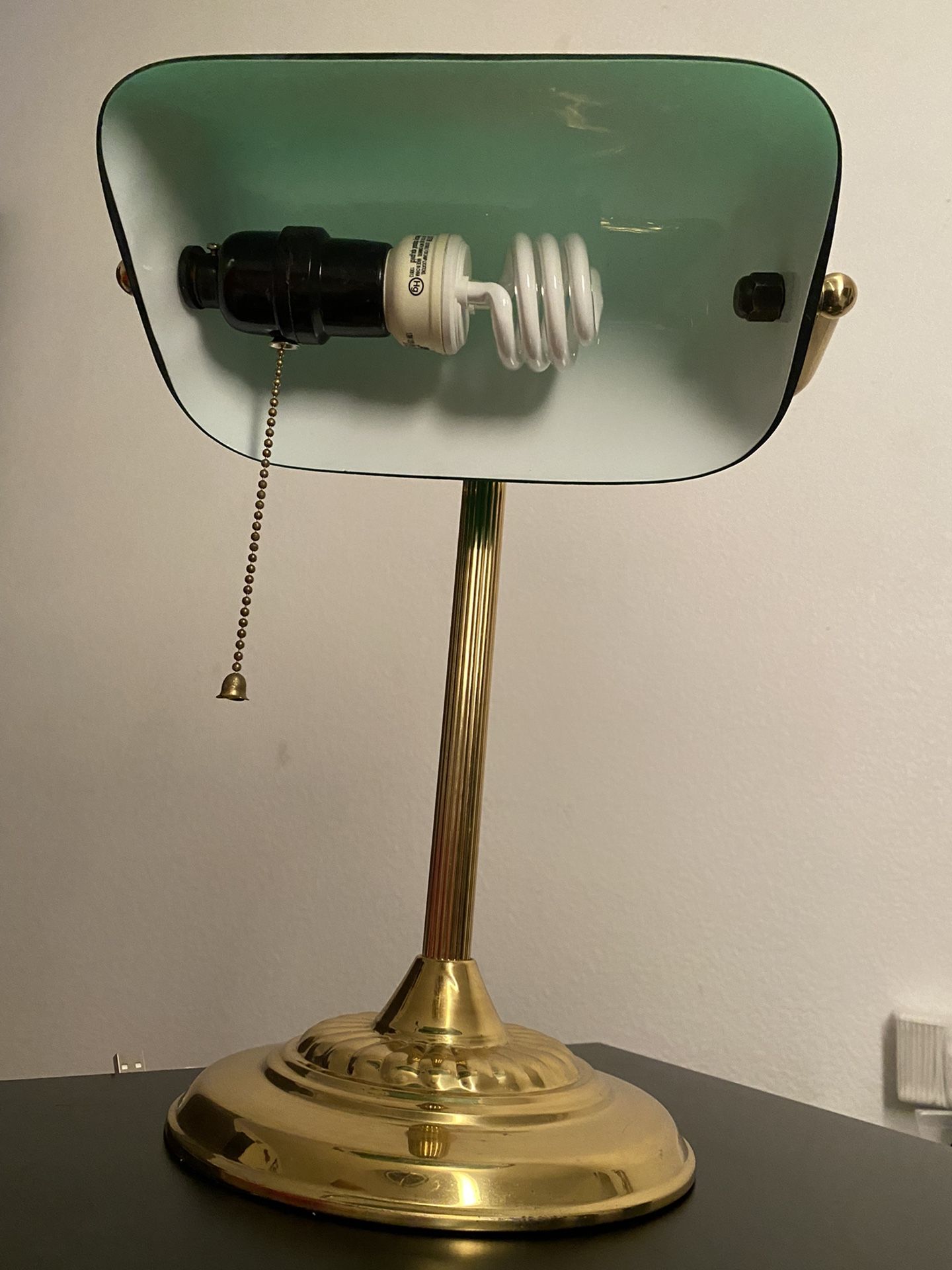 1960s Vintage Emeraldite Shade Brass Banker Lamp