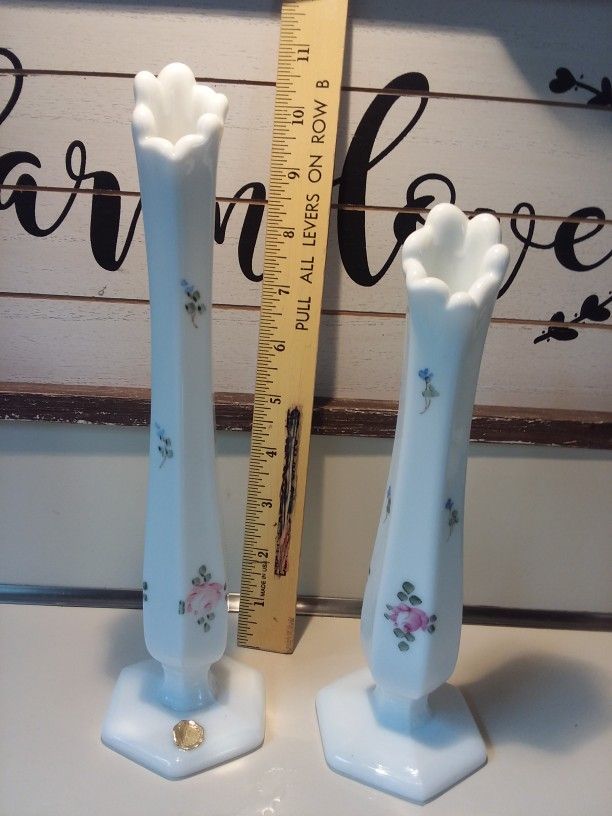 Milk Glass, Pair Of Painted Bud Vases