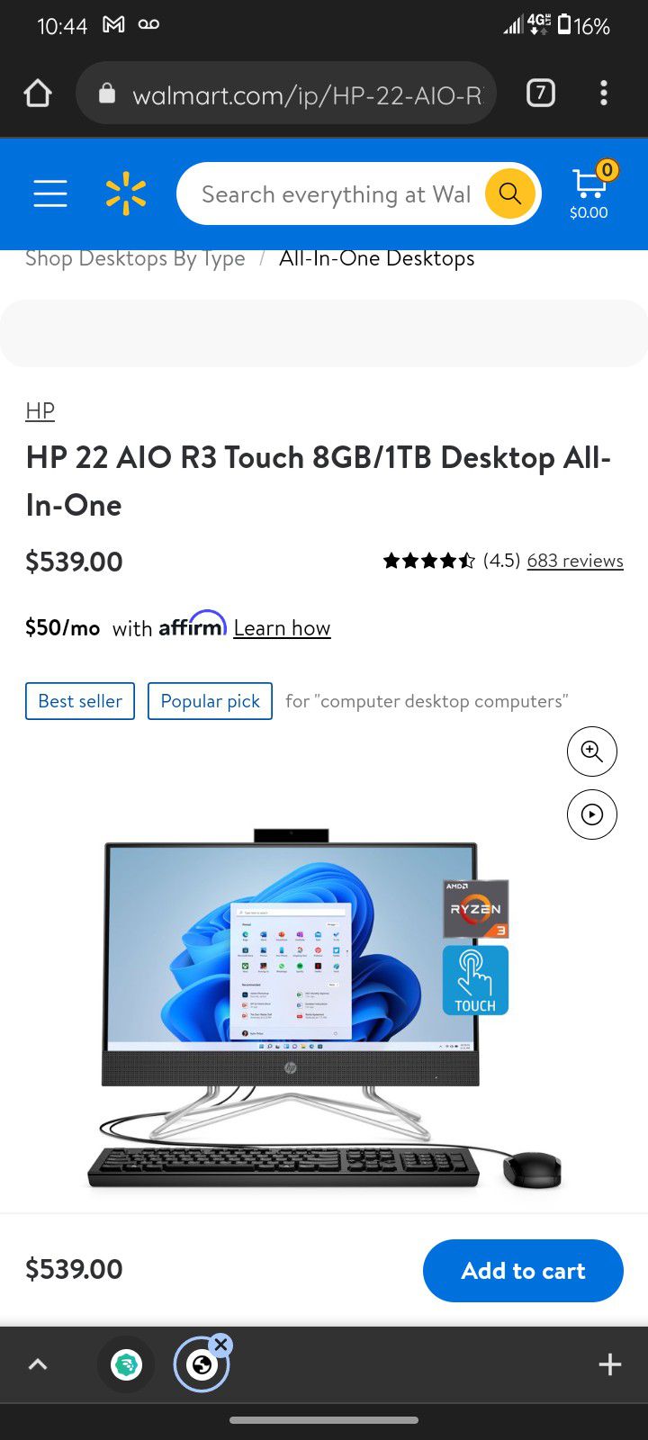 HP 22 AIO R3 Touch 8GB/1TB Desktop All-In-One

