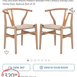 Poly and Bark Weave Modern Wooden Mid-Century Dining Chair, Hemp Seat, Natural (Set of 2) Thumbnail