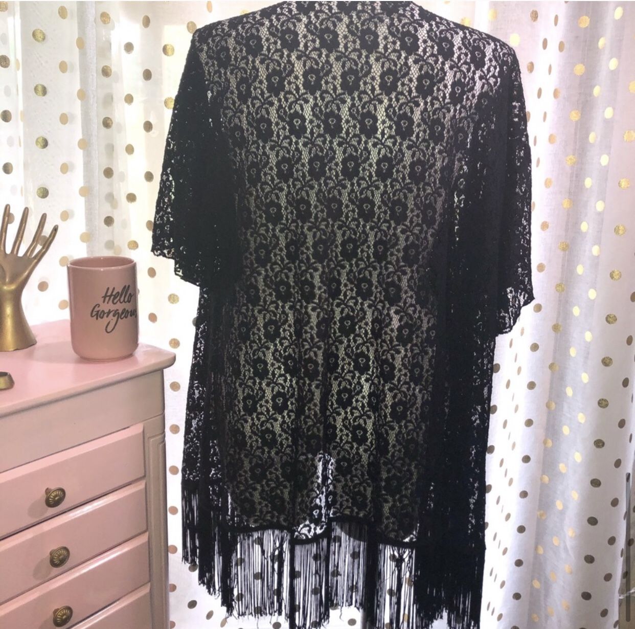 LuLaRoe Size Large Black Fringe Open Front Sweater Cardigan