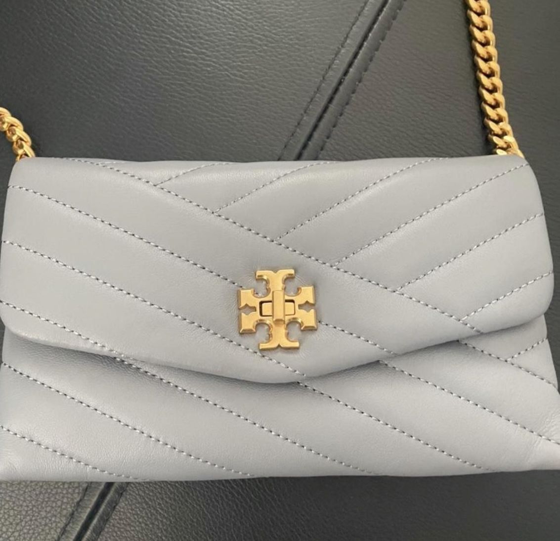 New Kira Chevron Quilted Leather Wallet On A Chain In Cloud Blue/ Rolled Brass