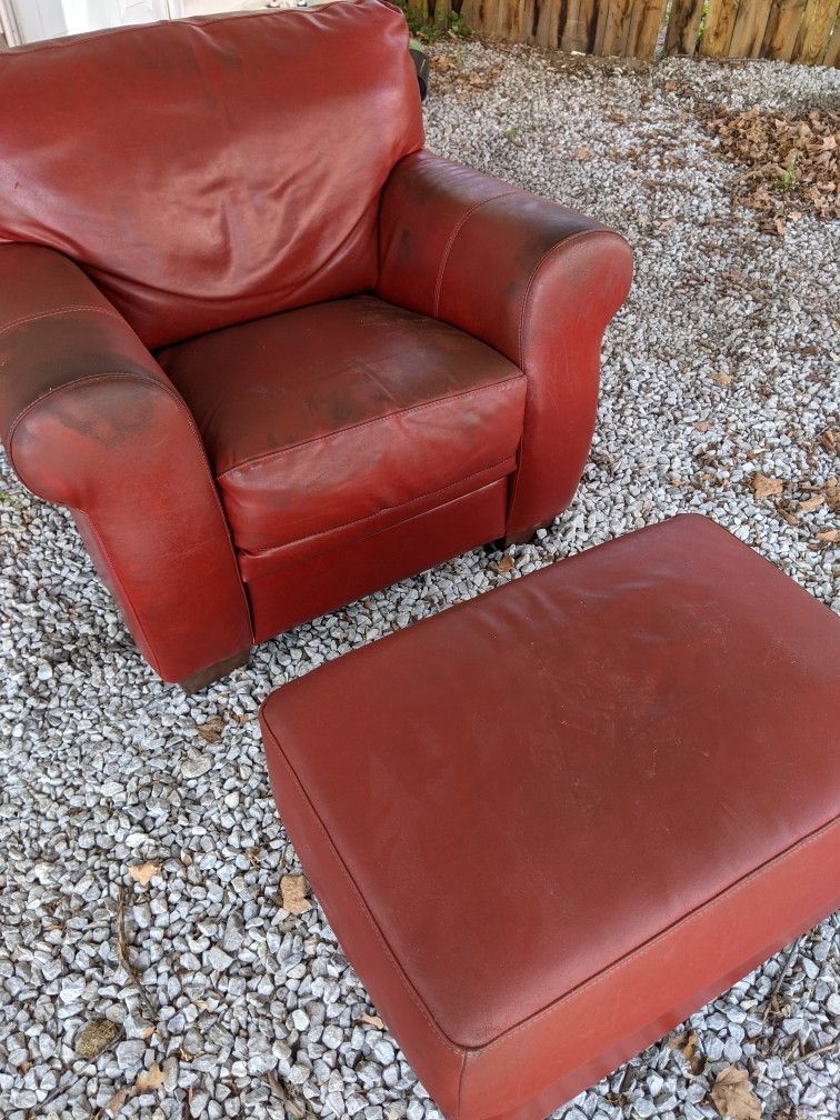 Red Leather Armchair, Ottoman, Gray Chair Cover