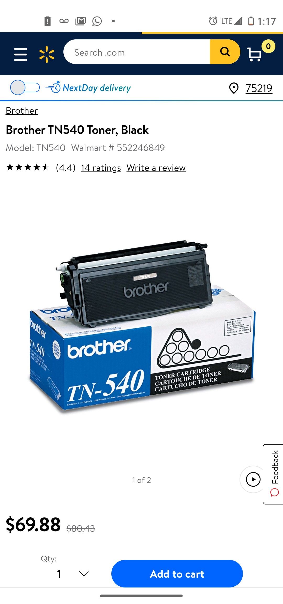 Brother TN 540 Black Toner Cartridge, Standard