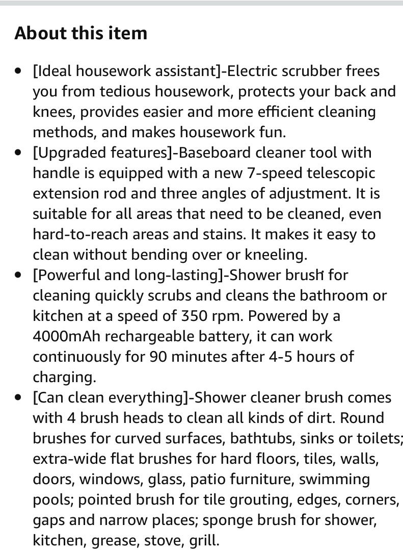 Shower Cleaning Brush, Electric Spin Scrubber, Cordless Shower Scrubber for Cleaning, Tub and Tile Power Scrubber, Adjustable Extension Handle & 4 Rep