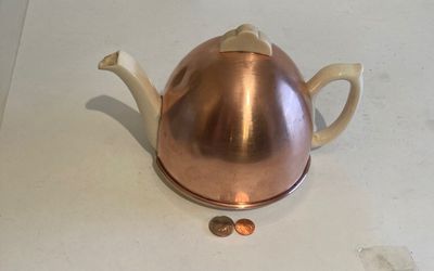 Vintage Copper Metal and Porcelain Tea Pot, Tea Kettle, Made in England, 10" x 6", Kitchen Decor, Use It, Table Display, Shelf Display Thumbnail