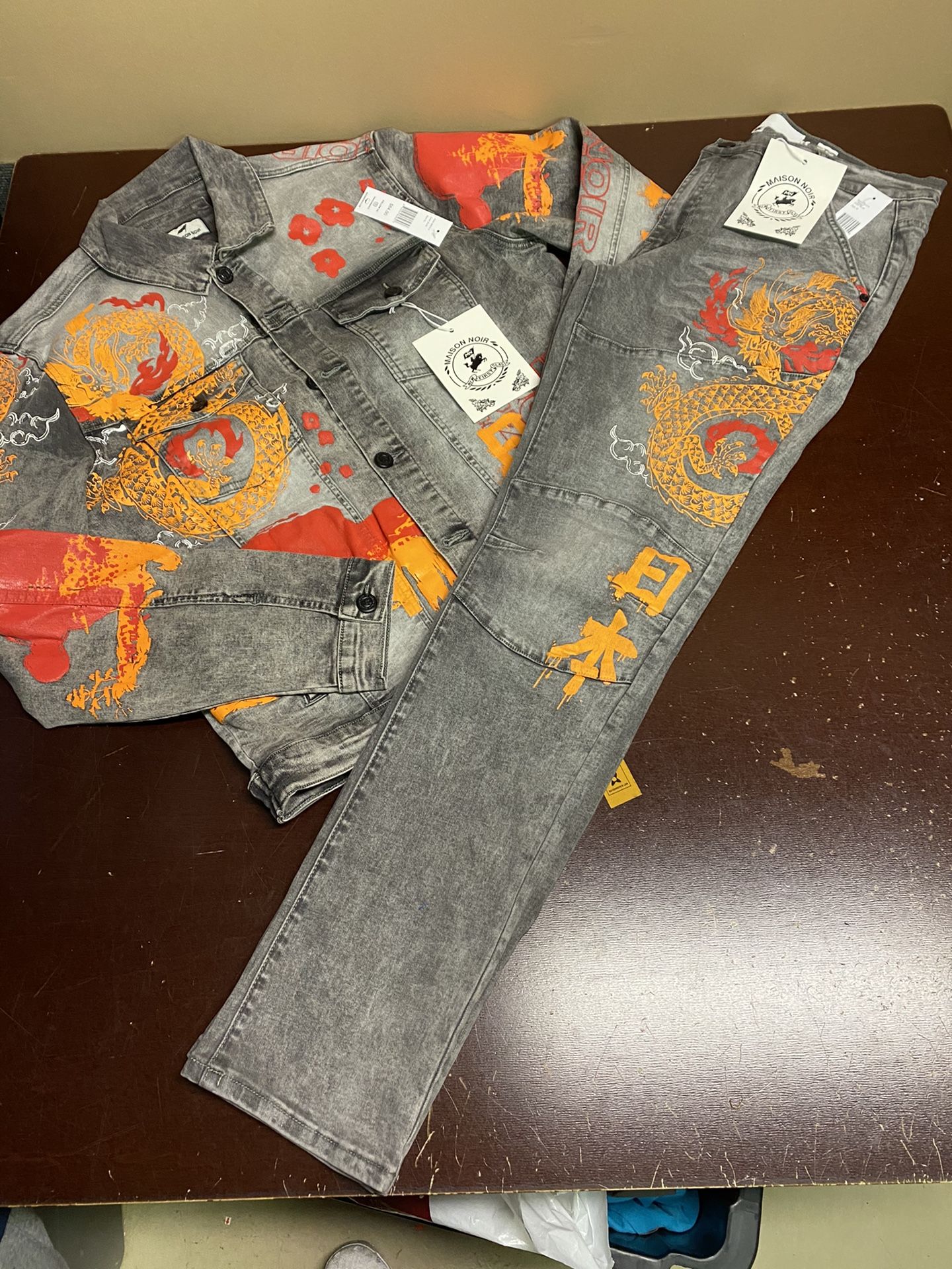 REASON BRAND TOKYO JEAN JACKET & JEANS SET "NWT" REASON JAPAN FLAME DENIM XL 38W