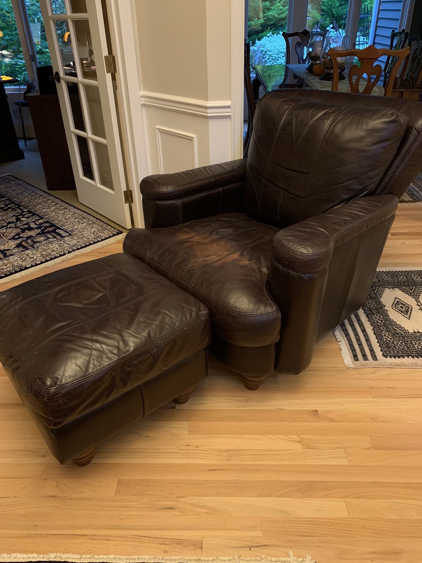 Leather Overstuffed Arm Chair And Ottoman