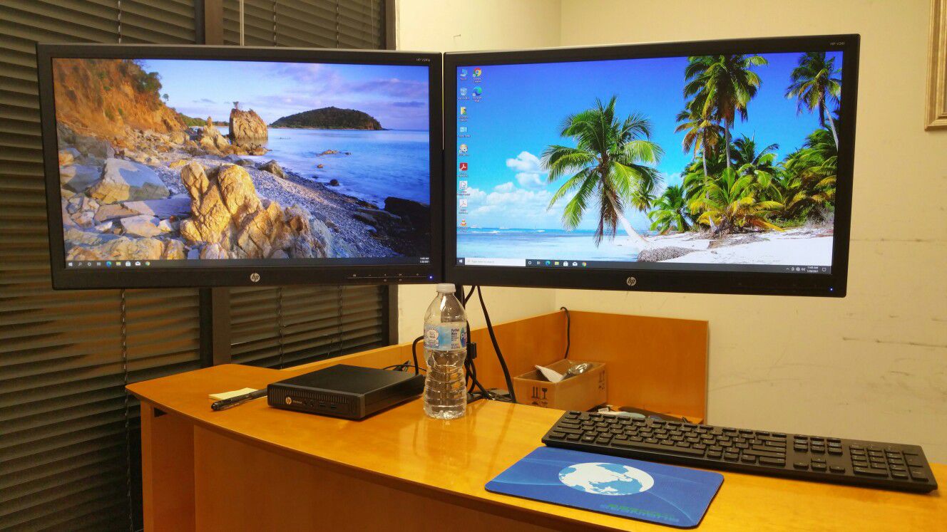 Dual-armed HP 24" LED monitors with cables: VGA, or DVI or HDMI or DP cables with power cords