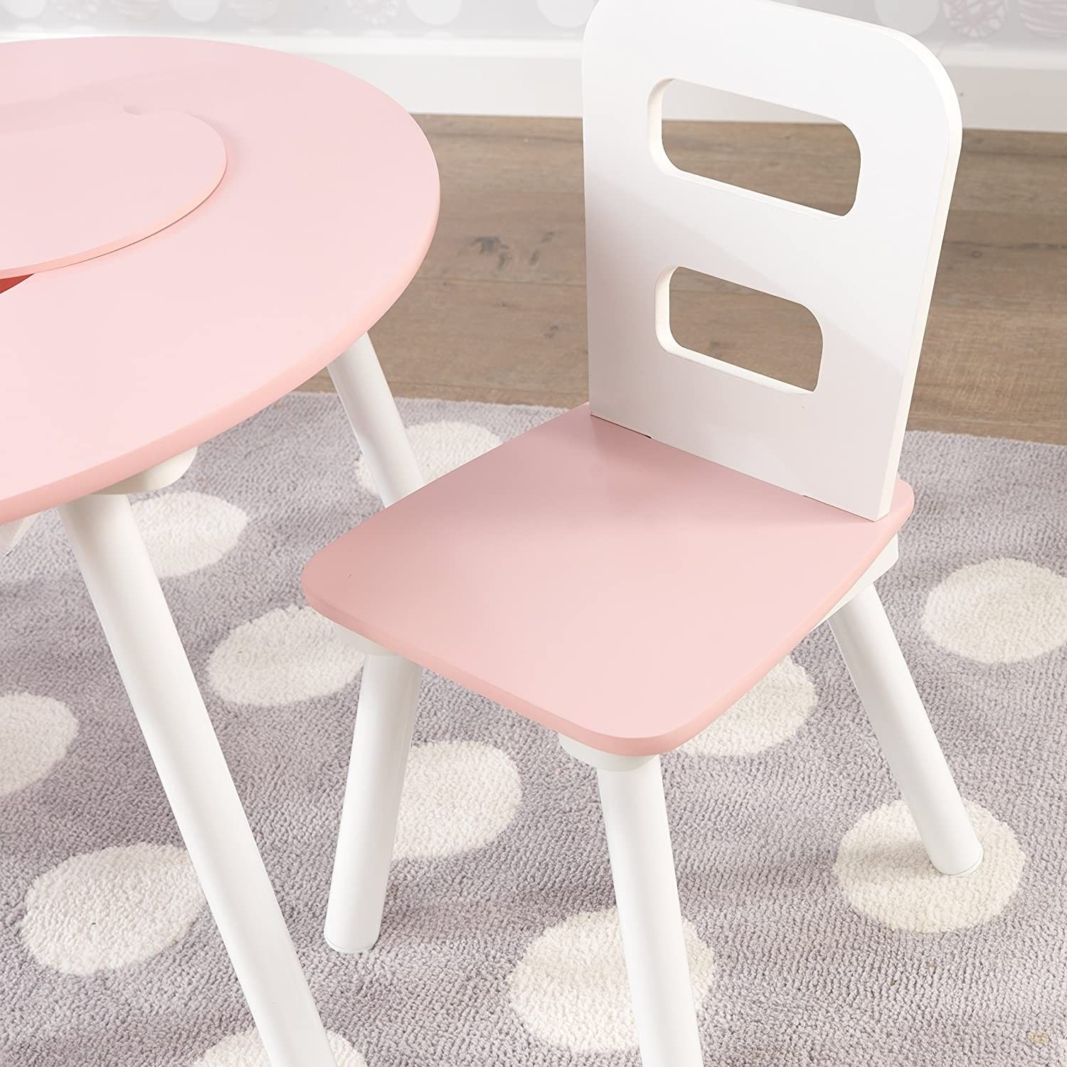 Wooden Round Table & 2 Chair Set with Center Mesh Storage - Pink & White