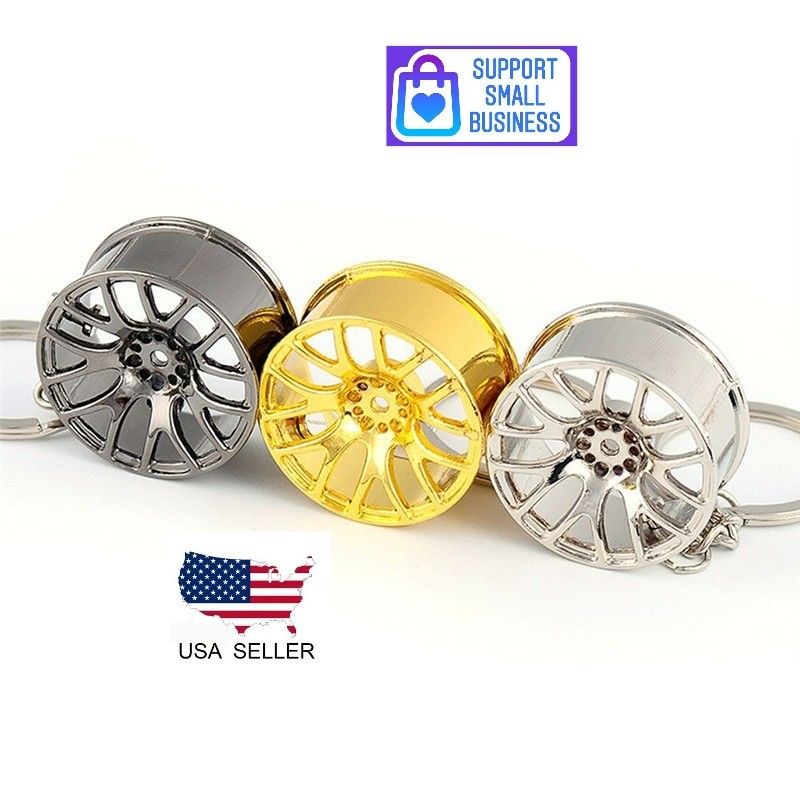 3 PC Wheel Rim Keychain Gold Black Silver Keychain