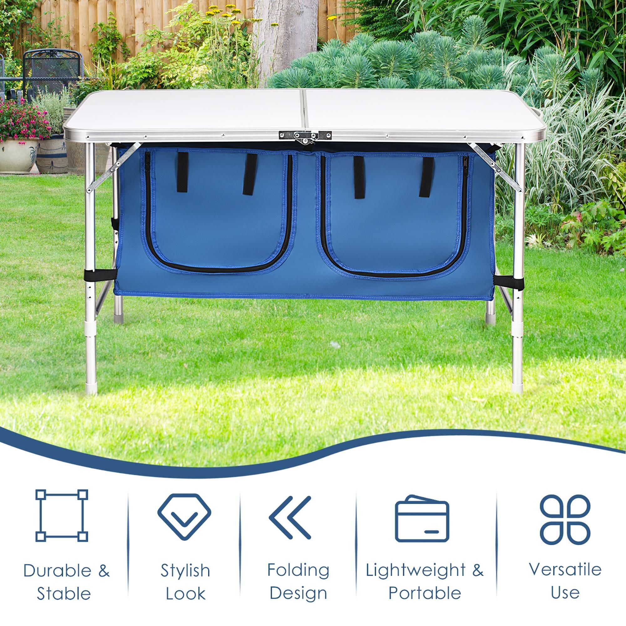 Costway Adjustable Camping Table Aluminum w/ Storage Organizer Dark Blue