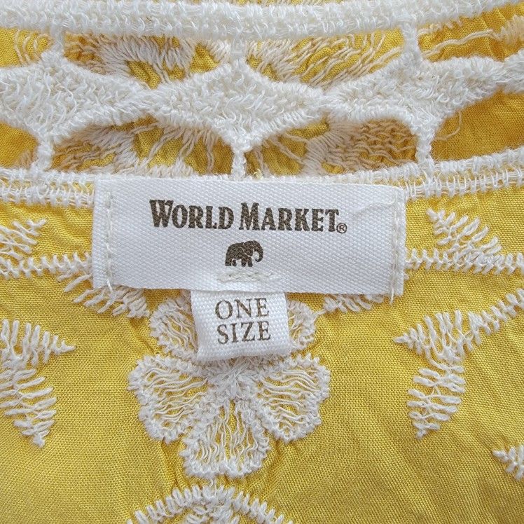 World Market Floral Embroidered Shawl Capelet Poncho Blouse Wide Butterfly Sleeve Open Crochet Yellow White OS NWOT