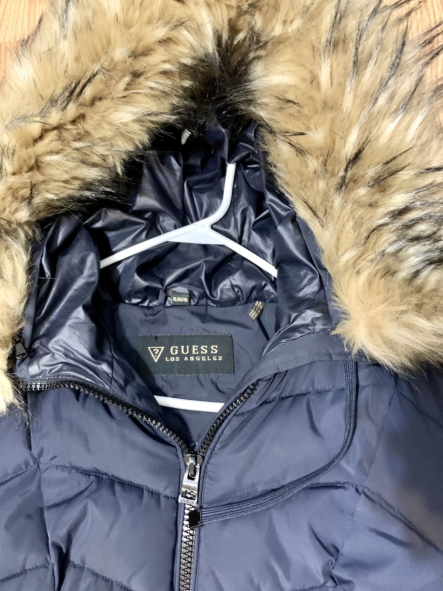 Guess Down Filled parka Fur Hooded puffer coat Blue winter jacket Womens x-large