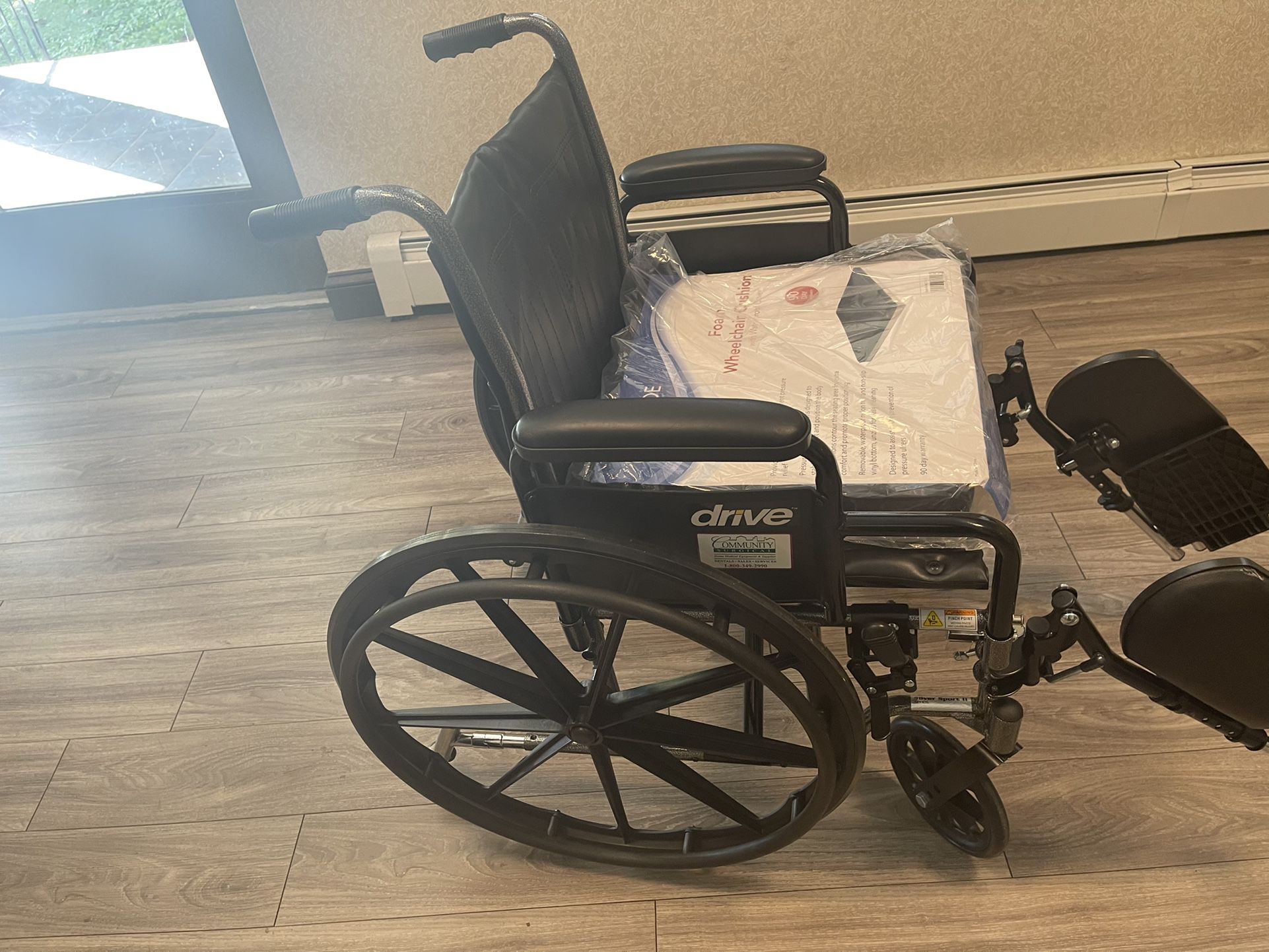 Brand new wheelchair has never been used I live in ZIP Code 19115 it is free totally free the only thing that it does not have is the cushion it is br