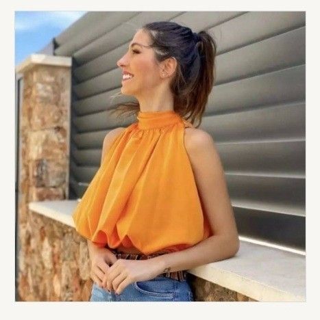 Sexy Blouses Orange Crop Halter Top Sleeveless