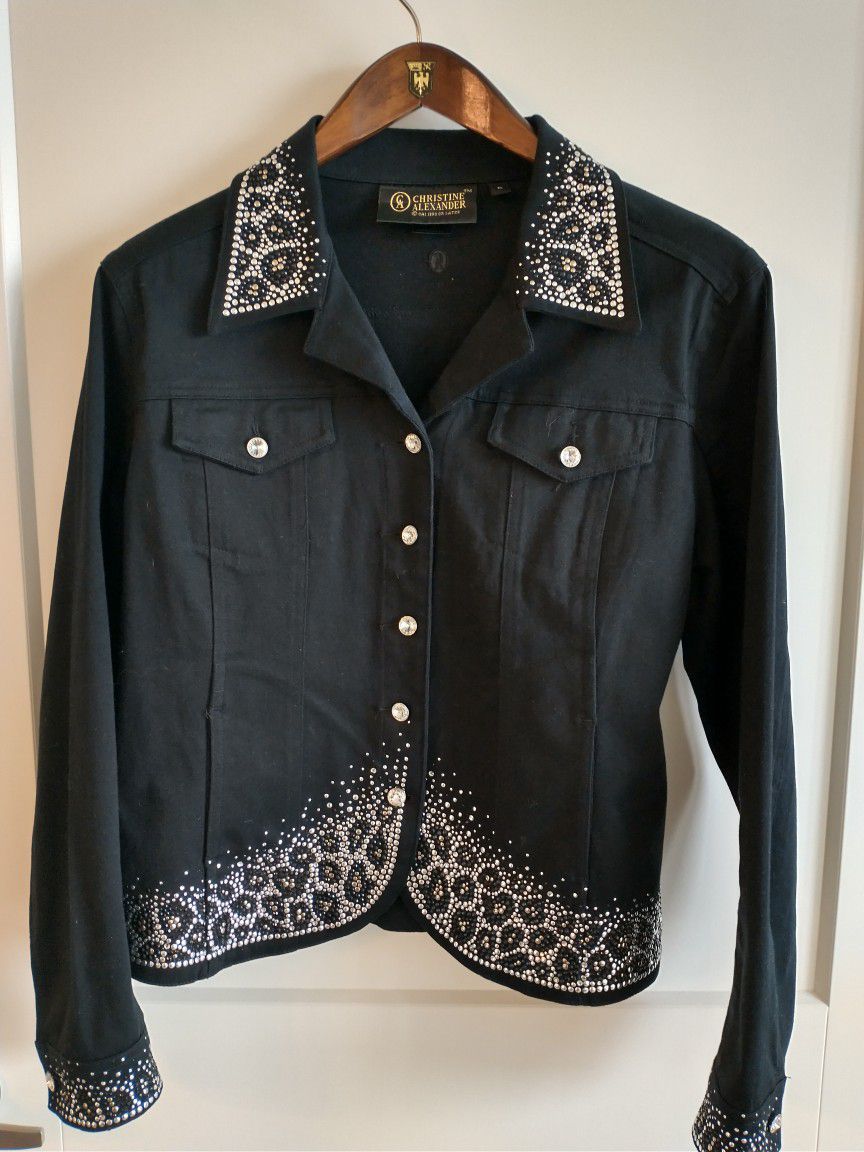 Black Jean Jacket With Swarovski Crystals. (Medium) 