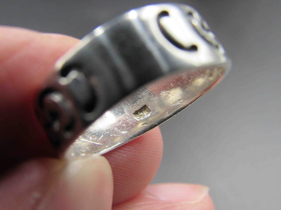 Size 8.75 Sterling Silver Weird Unknown Symbols Band Ring Vintage Statement Engagement Wedding Promise Anniversary Bridal Cocktail