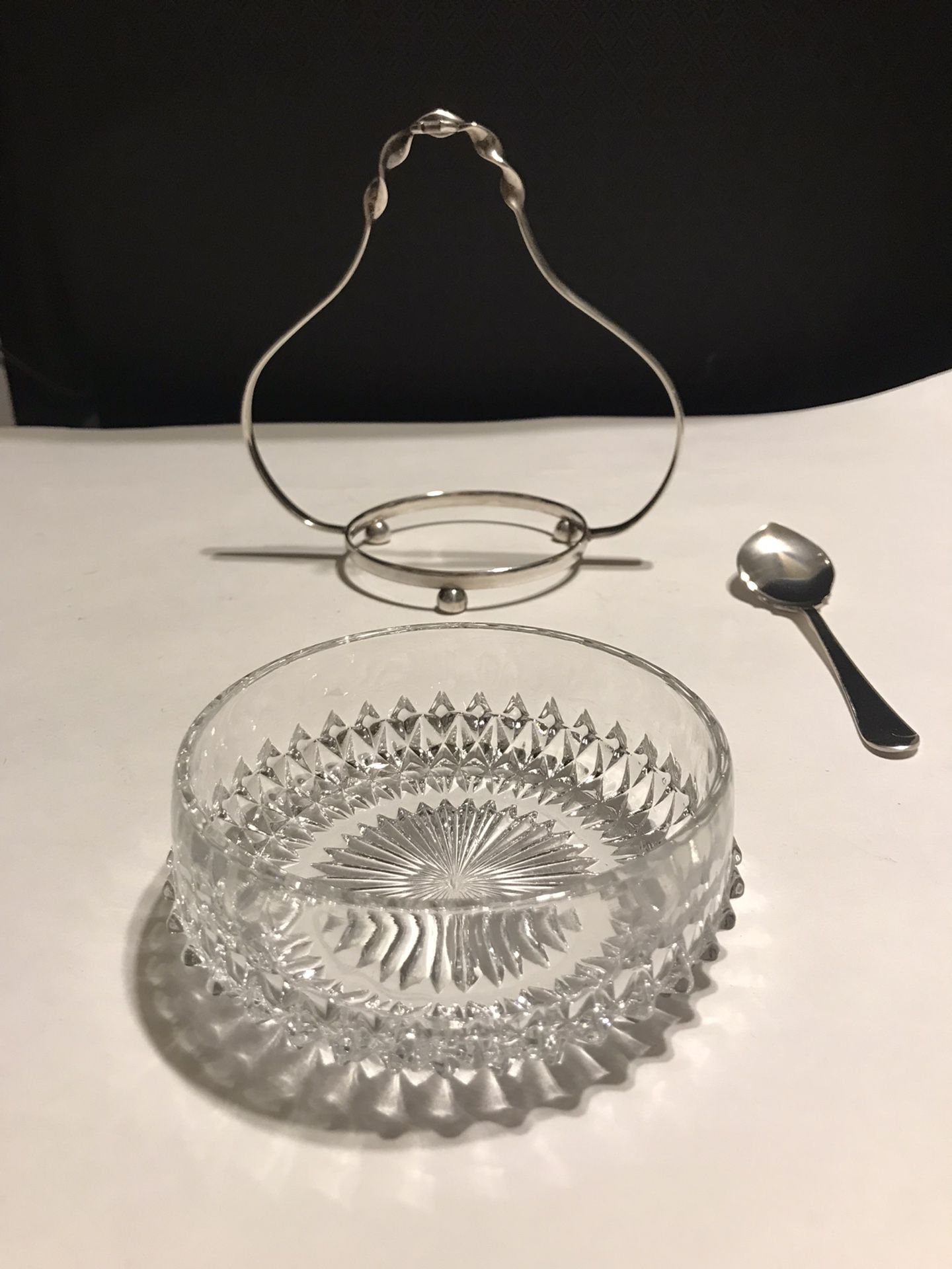 Vintage Clear Cut Glass Sugar Bowl w/ Silver Plated Spoon & Footed Stand