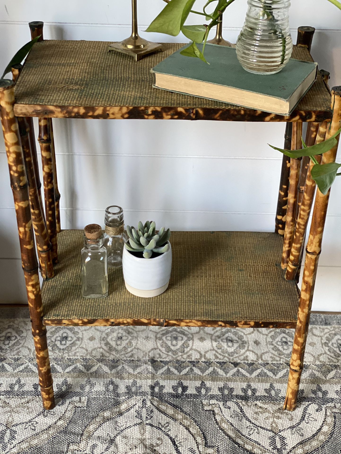 Antique Tortious Bamboo Table With Shelf 