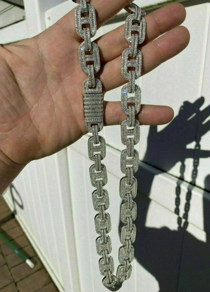 “NO TRADES”Solid 925 Sterling Silver Baguette Gucci Link Chain Iced 15mm Thick Flooded Out 20”L