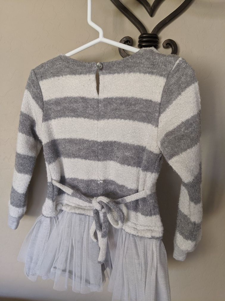 Gray & Off-White Striped Tutu Long Sleeve Fuzzy Sweater Top/Dress | Rhinestone Sparkle Bow | Tie Back | Toddler Girl 3T