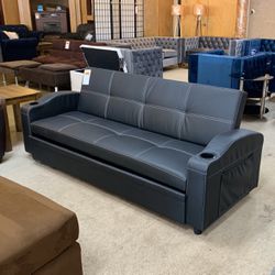 Black Leather Futon With Cup Holders And Side Pockets Thumbnail