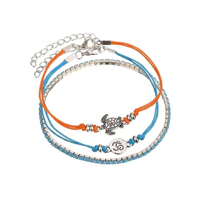 Set of 3 Beach Anklets, Sea Turtle Anklet, Rhinestone Anklet, Boho Beach Anklet, Ankle Bracelet Set, Tropical Anklet