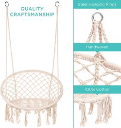 Cotton Handwoven Macrame Hammock Hanging Chair with Backrest, Beige Thumbnail