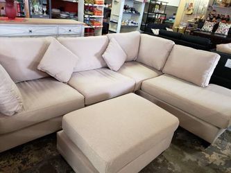 Brand New Sand Color Linen Sectional Sofa Couch + Ottoman  Thumbnail