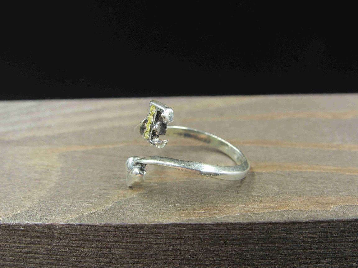 Size 6.5 Sterling Silver Letter E & Heart Worn Crystal Band Ring Vintage Statement Engagement Wedding Promise Anniversary Bridal Cocktail