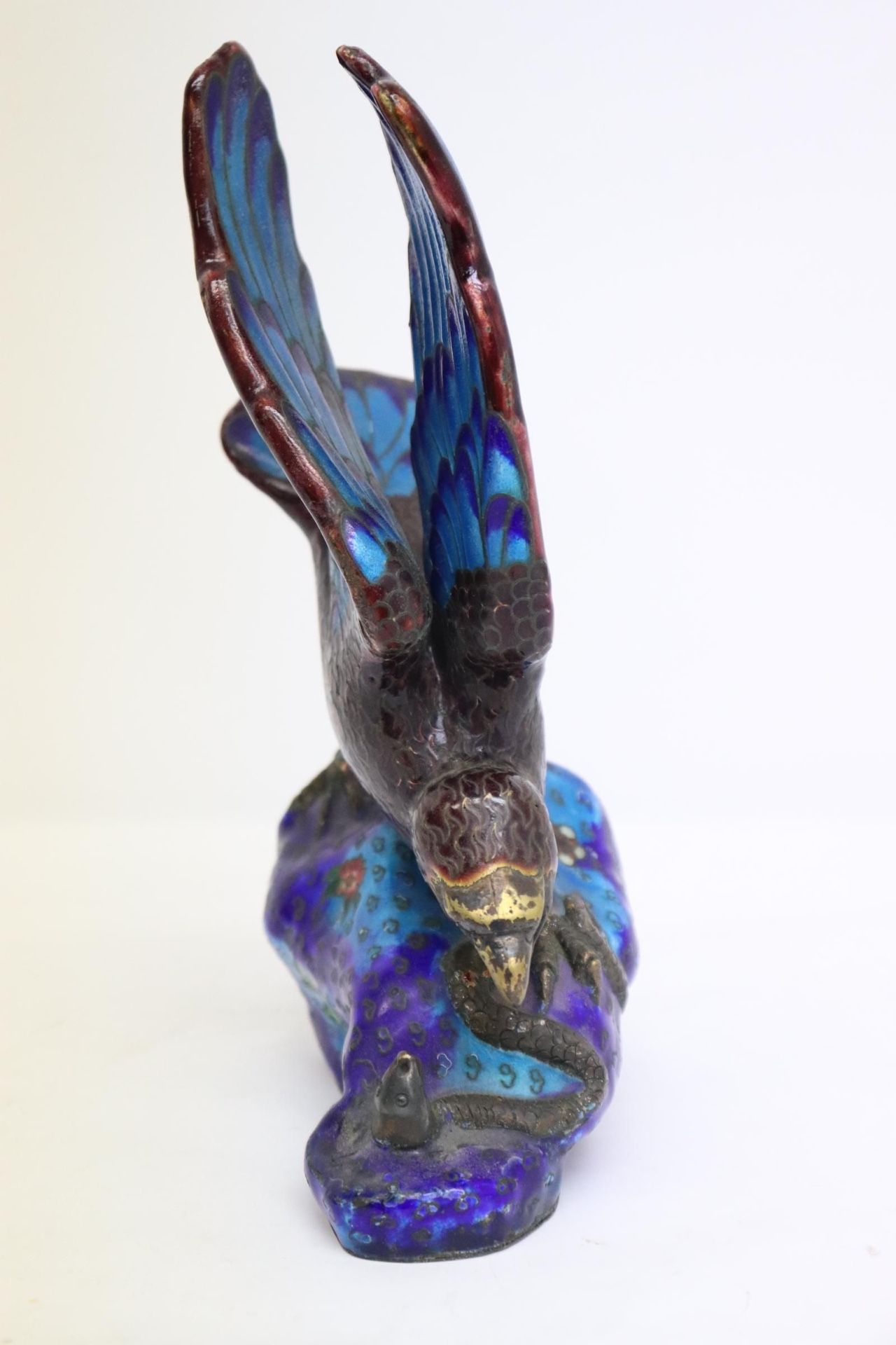 Unusual Chinese cloisonne enamel sculpture of bird, 8.95"H