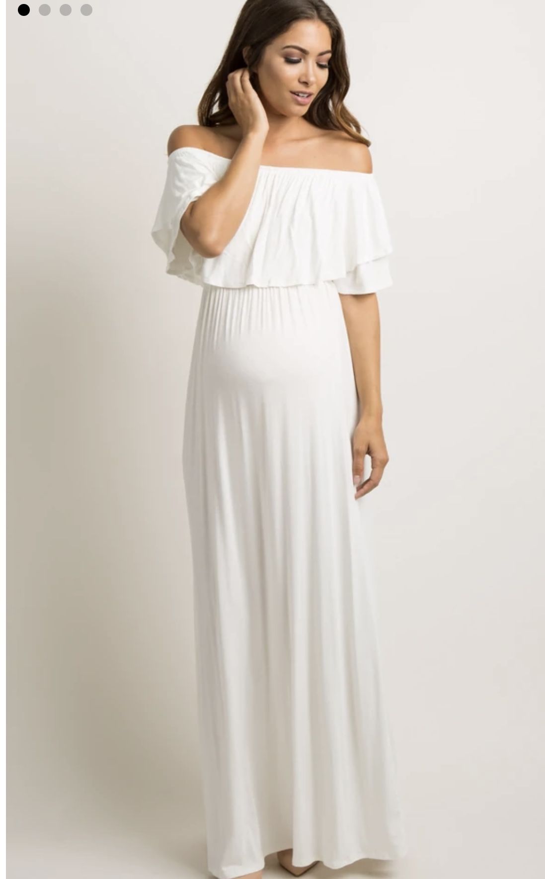 Ivory Off Shoulder Ruffle Trim Maternity Maxi Dress