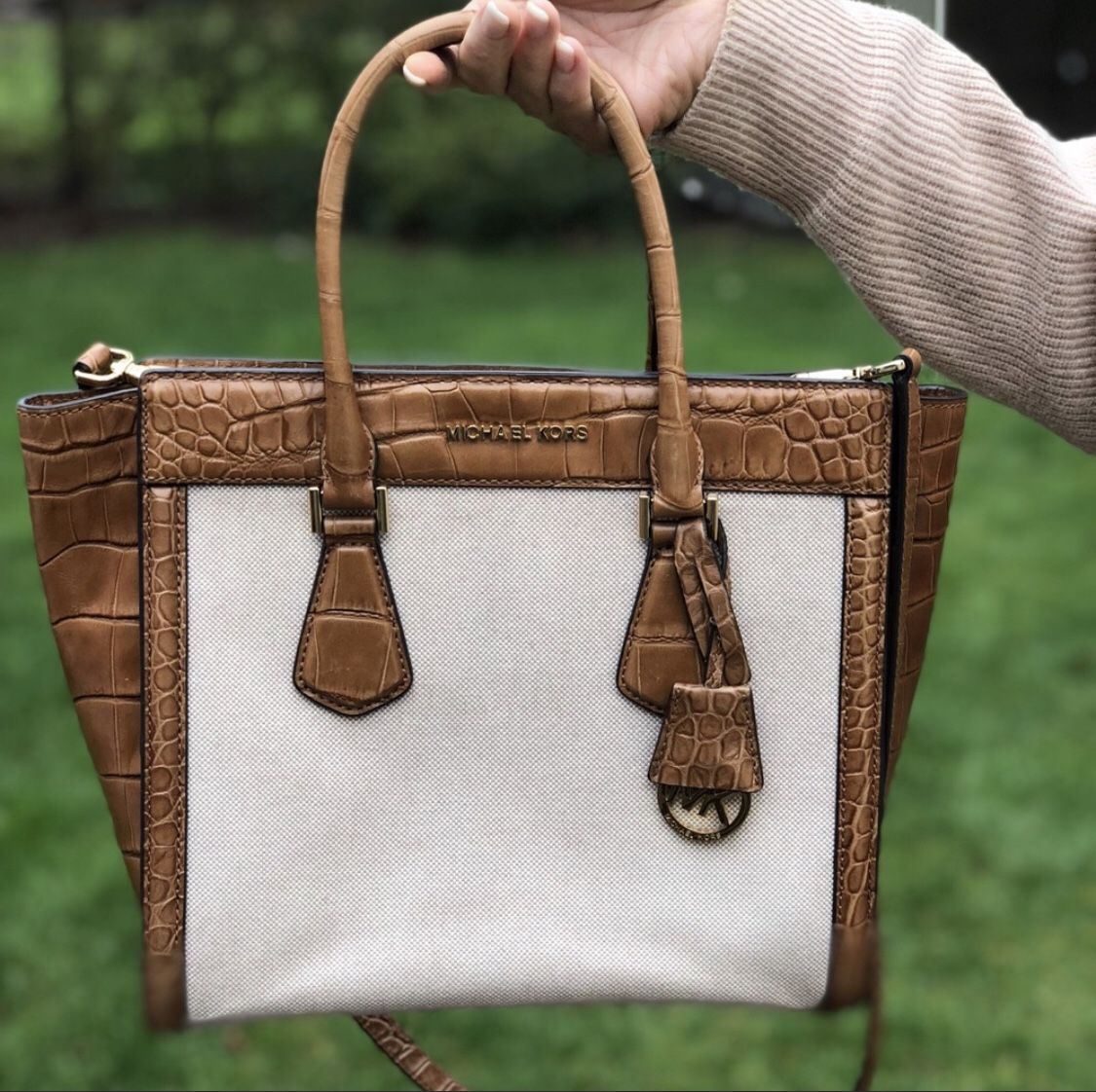 Michael Kors Canvas body Bag with croc embossed leather trim