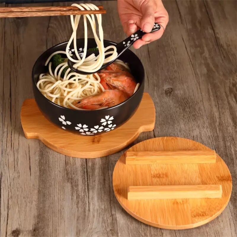 Japanese Style Rice Noodle Bowl with Lid Spoon and Chopstick Kitchen Tableware Ceramic Salad Soup Bowl Food Container Dinnerware