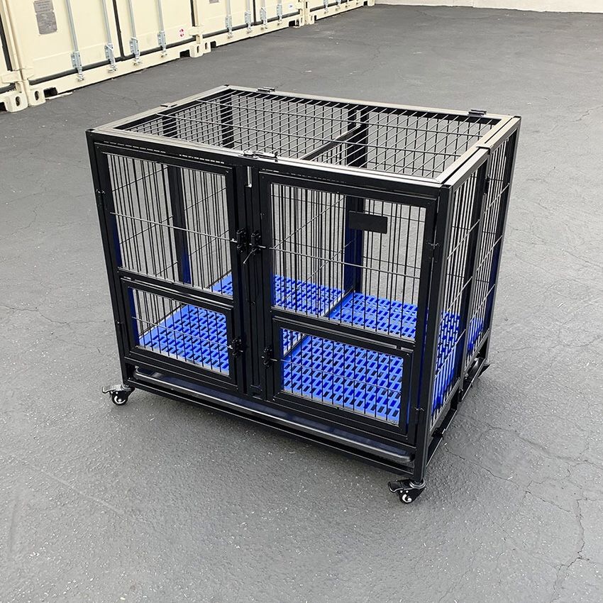 $179 (new) Folding Dog Cage 37x25x33” Heavy Duty Double-Door Kennel w/ Divider, Plastic Tray
