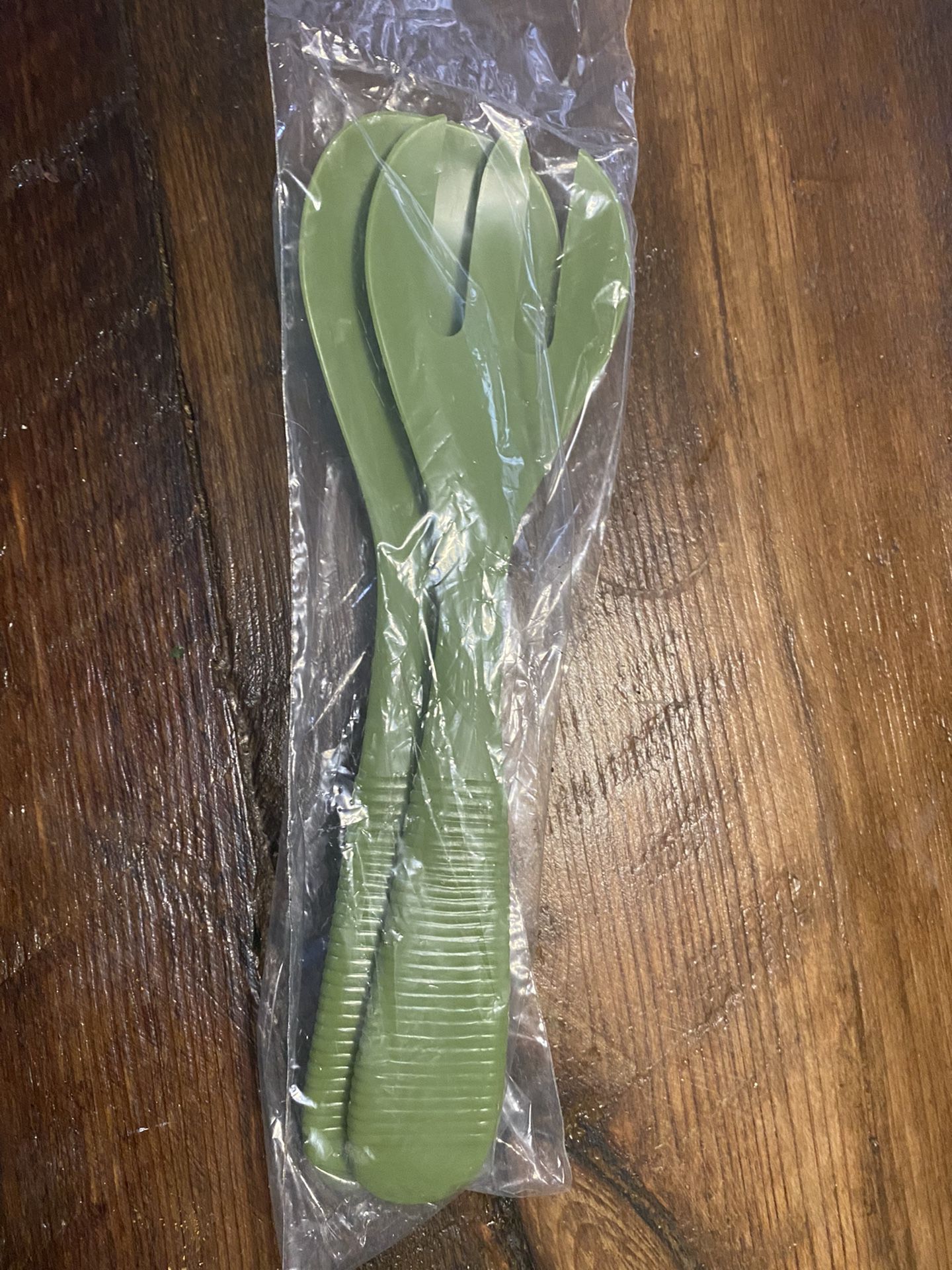 Vintage Melamine Raffiaware Serving Spoon Salad Spoon Utensils Green.  Still in original unopened package 20” long and 2 1/2” diameter  