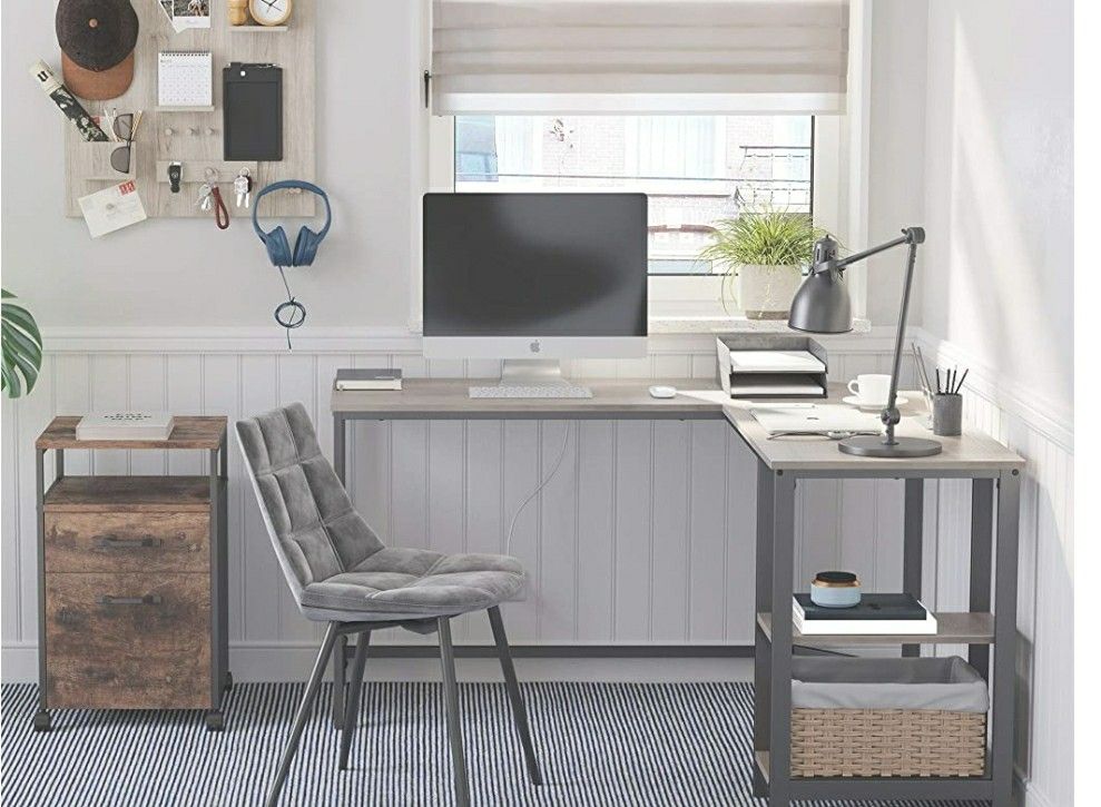Home Office Industrial L-Shaped Computer Desk, Corner Desk, Office Study Workstation w/ Shelves