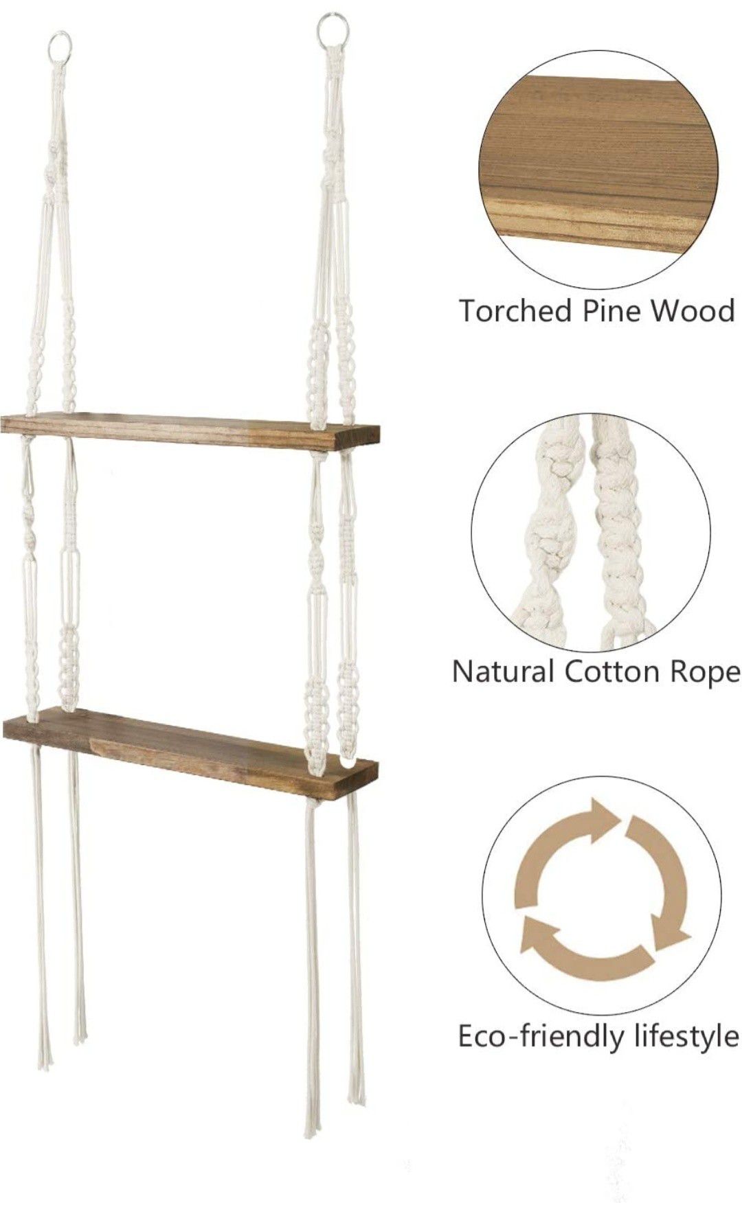 2 Tier Wood Wall Shelves with Handmade Woven Hanger