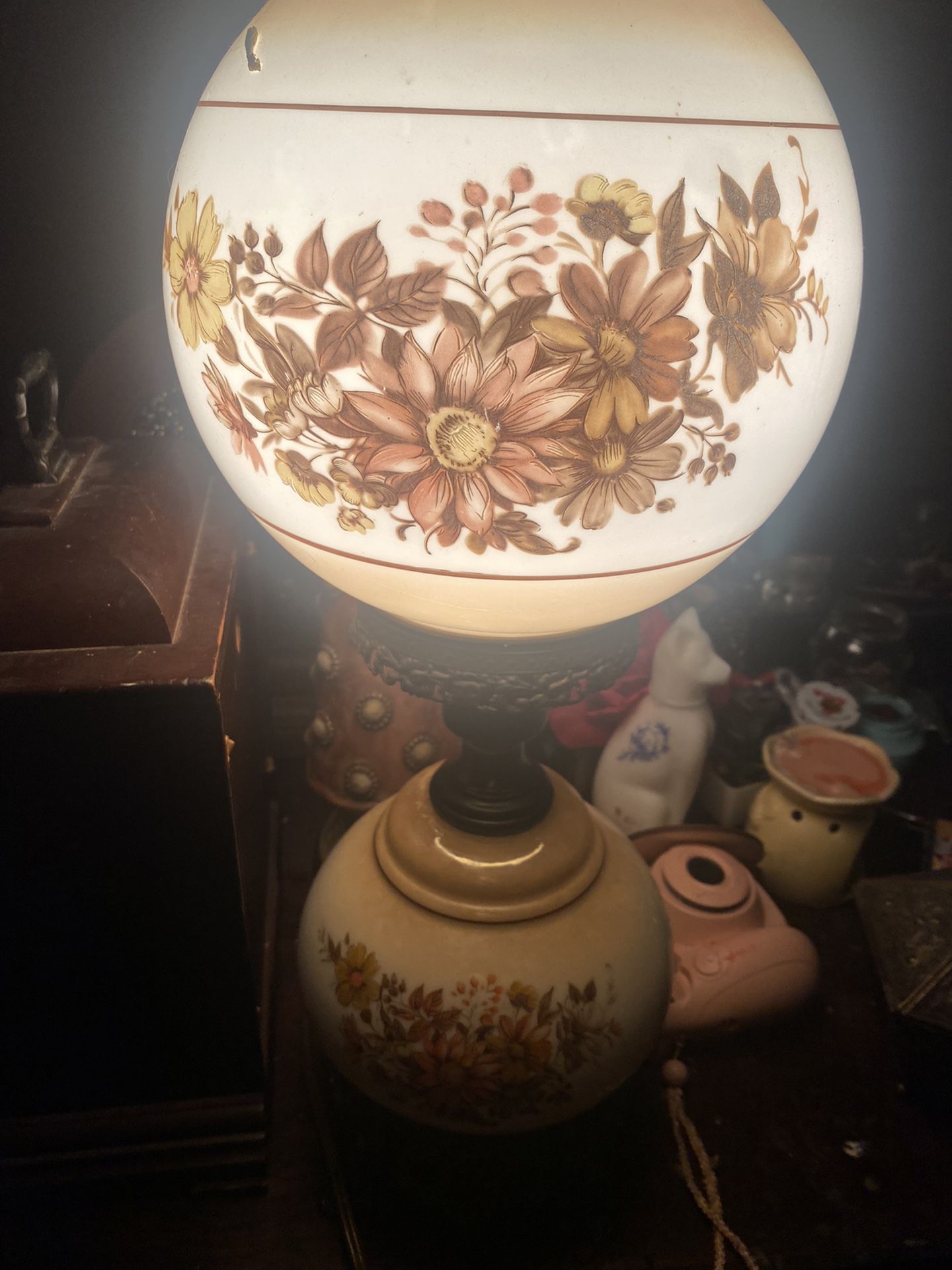 Vintage Double Globed Hurricane Lamp W/fall Flowers Hand Painted (large)