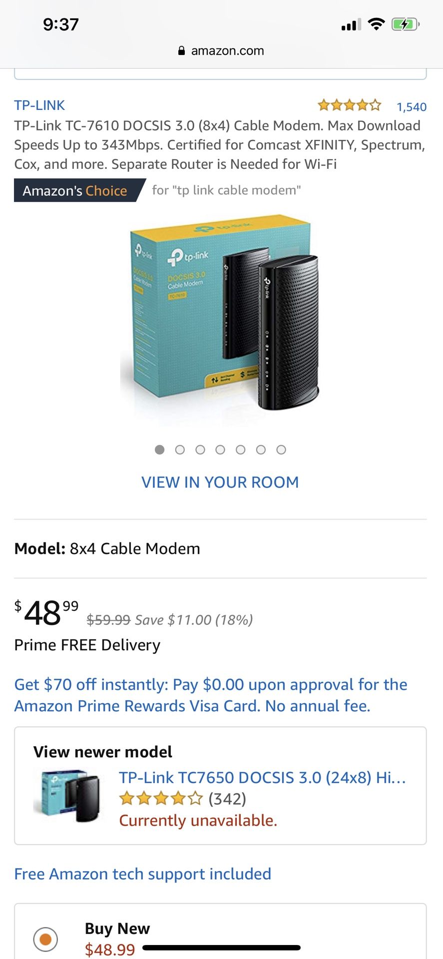 TP Link TC-7610 cable modem Certified for Comcast XFINITY, Spectrum, Cox, time warner