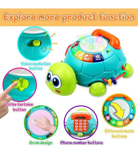 Music Turtle Kids Toy with Lights, Animal Sounds, Number Letter Telephone 3m - 3y