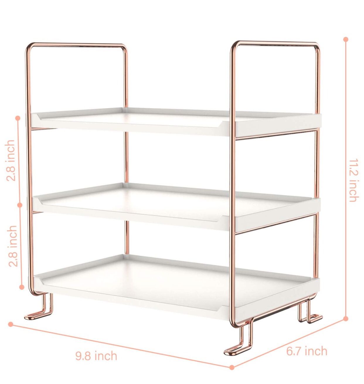 3-Tier Stackable Organizer Shelf, Bathroom Countertop Storage Shelf, Kitchen Spice Rack, Freestanding Cosmetic Holder for Bedroom Counter (Rose Gold)