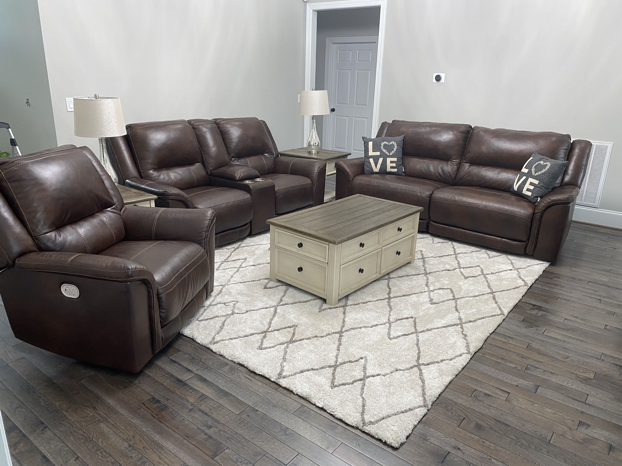 Couch, Loveseat and Recliner Powered leather Living Room Set