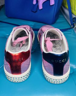 Gucci Womens Ace Crystal Rhinstone Shoes Sneakers Pink Red Green White size 41 Thumbnail
